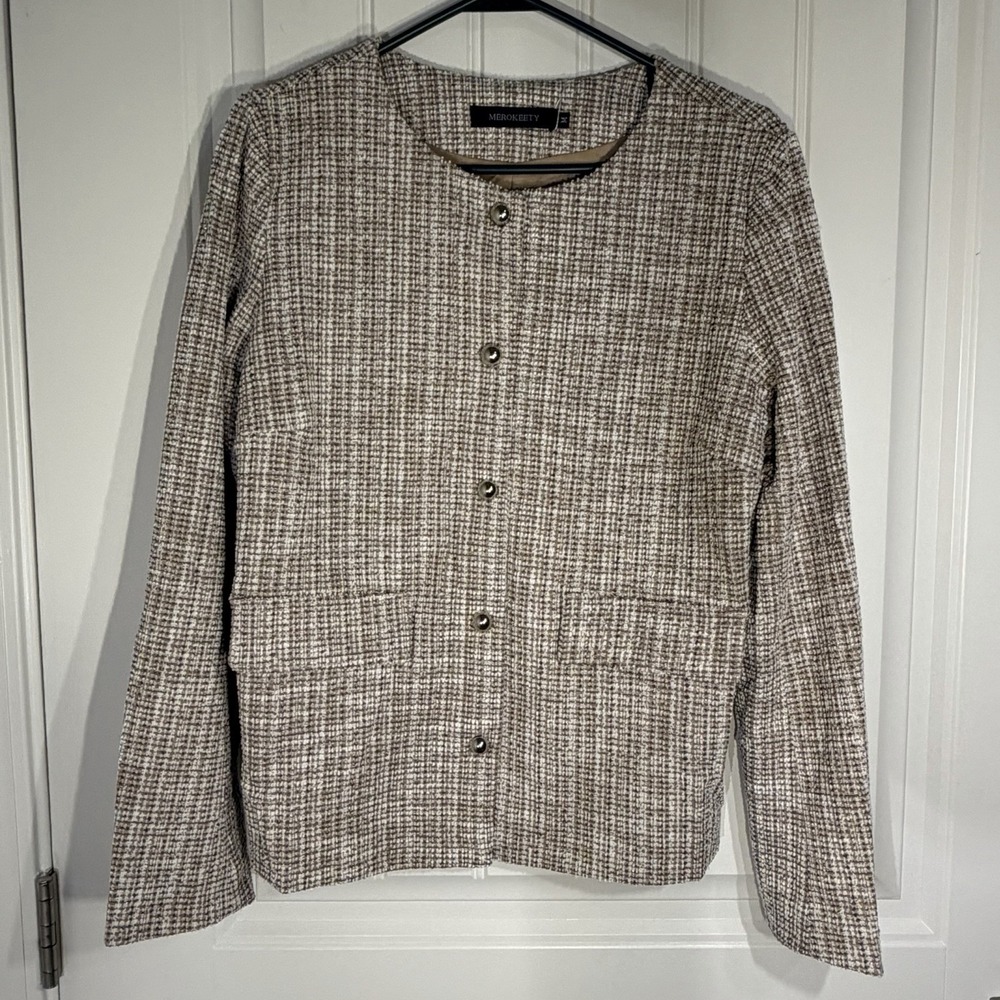 Merokeety Tweed Textured‎ Button Jacket Women's M Neutral Lightweight Blazer